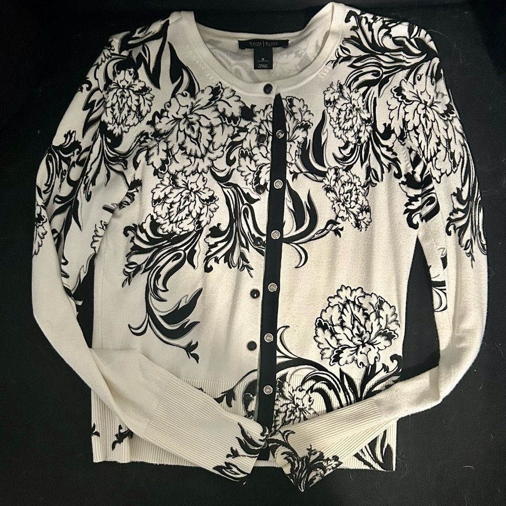 White House Black Market Women’s Small Floral Cardigan with Silver Accents